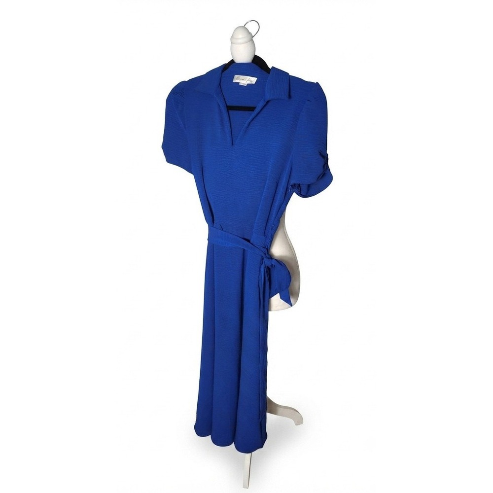 Harper Rose Royal Blue Textured Crepe Midi Dress Puff Sleeve Tie Waist Size 4